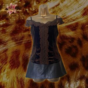 Brown Velvet Off-Shoulder Lace Trim Camisole